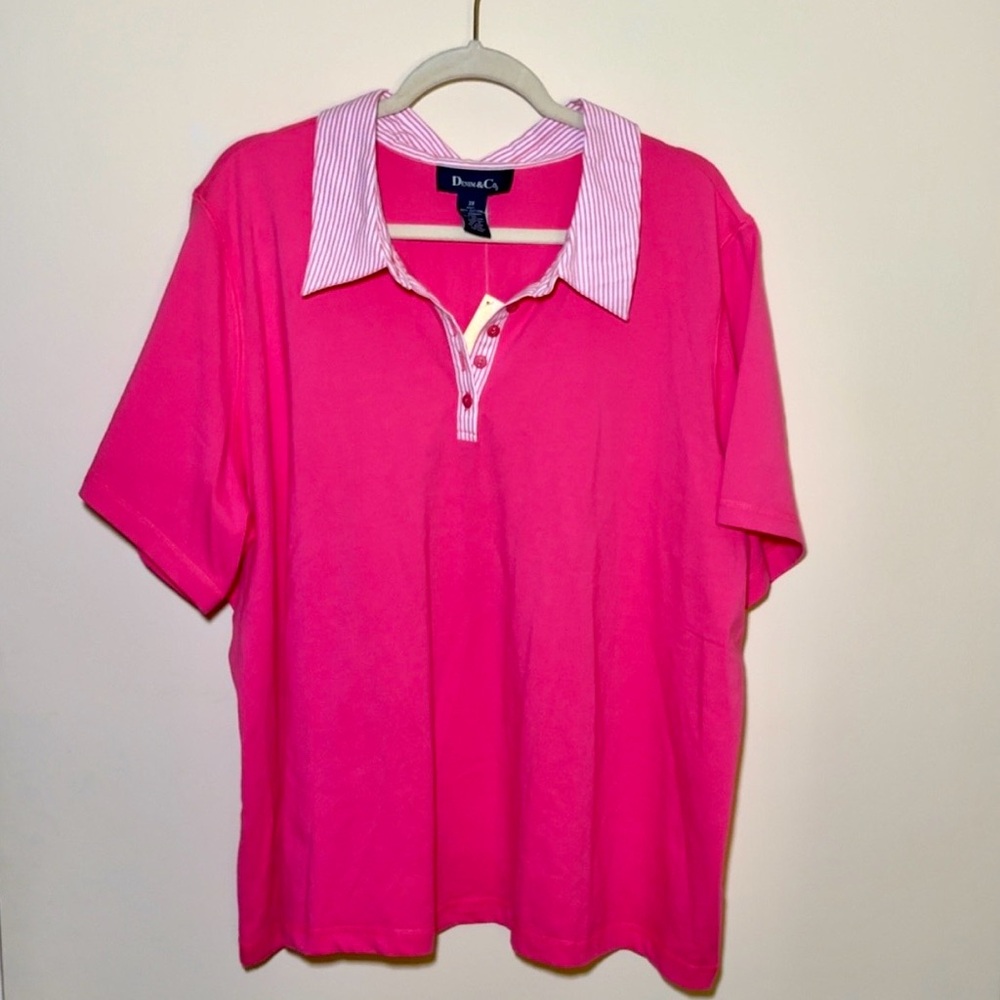 Denim & Co. Pink Polo with Striped Collar